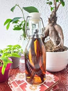 una botellita de extracto de vainilla casero tras tres días de espera