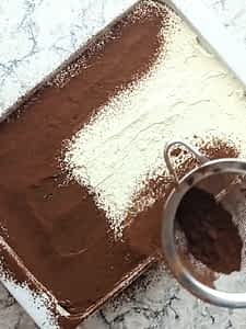 espolvoreando cacao en polvo encima del postre