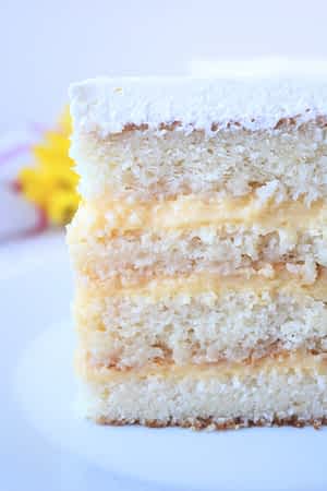 vista de cerca de la miga del pastel blanco esponjoso