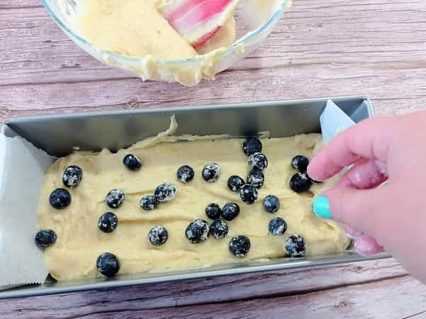 esparciendo arándanos encima de la masa de bizcocho en el molde