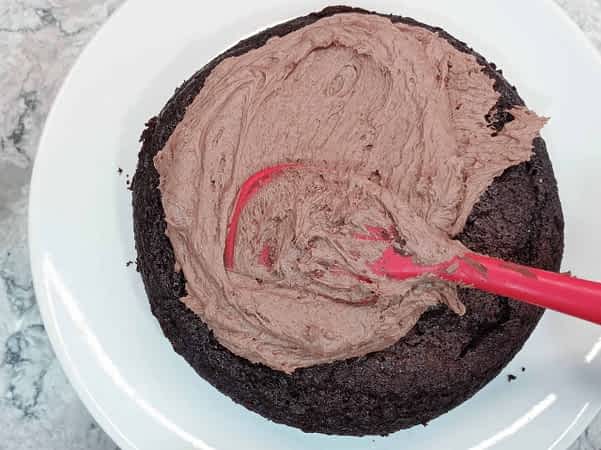 esparciendo glaseado en una capa de bizcocho