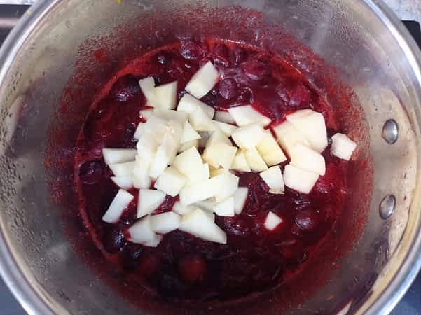 salsa de arándanos rojos con pera en la olla