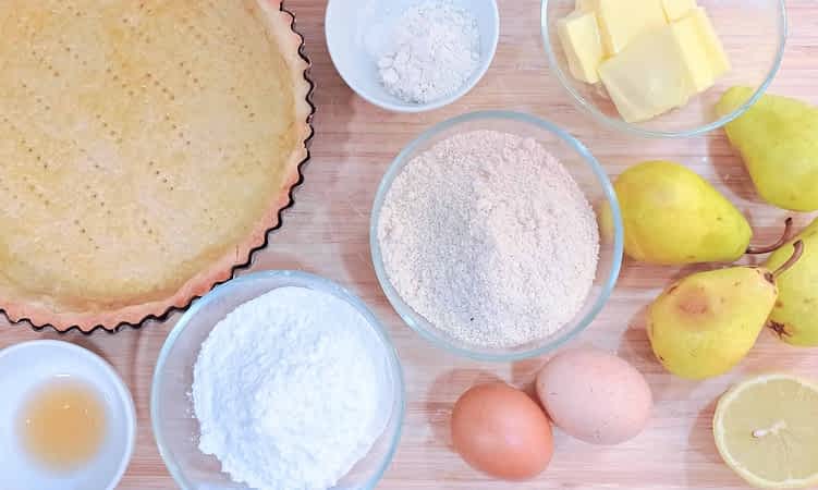 ingredientes para hacer una tartaleta de pera y almendra (frangipane)